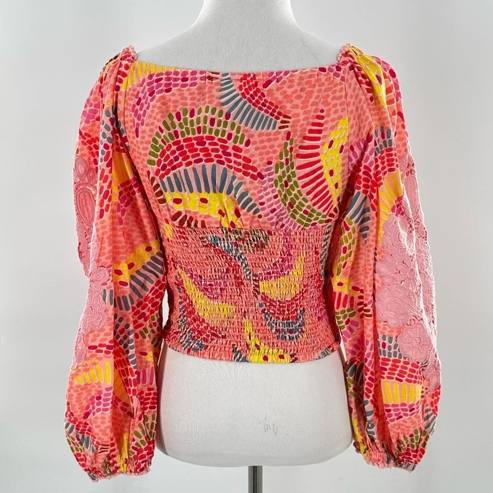 Farm Rio womens top S dotted bananas 100% cotton tropical cropped beach cruise